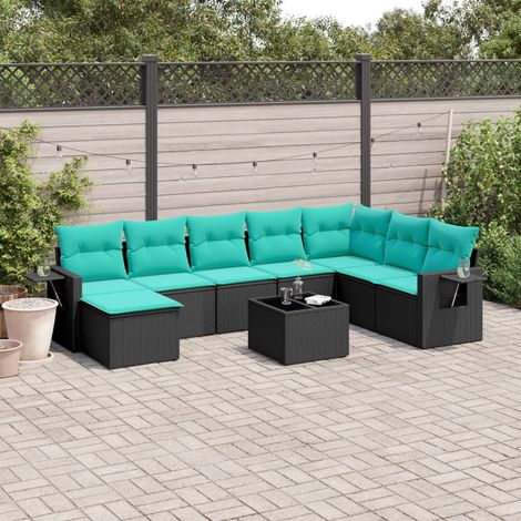 9-teiliges Gartensofa-Set mit Kissen, schwarzes Polyrattan (1/5)