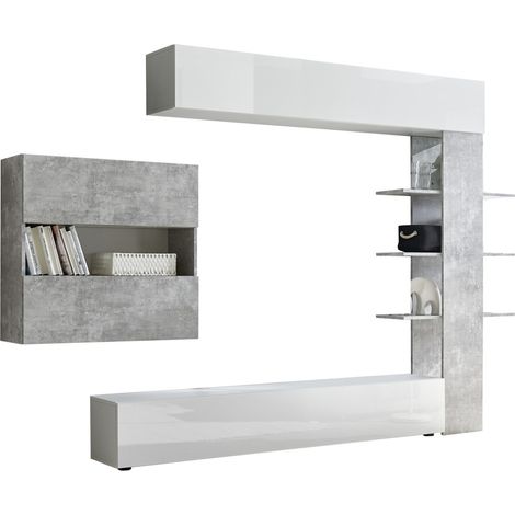 Parete Attrezzata Mobili Soggiorno Mobile TV Libreria 2 Pensili TFT Akira 1 Bianco e Cemento (1/5)