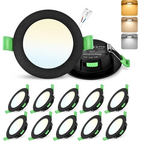 Lot de 10 Spot LED Encastrable 68mm, 7W Spots de Plafond Encastre Extra Plat 2700K/4000K/6500K Réglable, Intensité variable 10-100% IP44 Spot Salle de Bain LED pour Salon Cuisine, Rond Noir (1/5)
