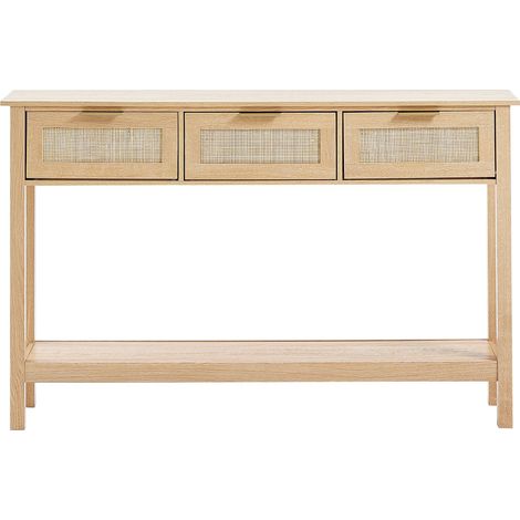 Console en rotin avec 3 tiroirs de rangement, table d'entrée en rotin avec porte coulissante en rotin naturel, table console pour salon, bureau, entrée ou mur TV, naturel (1/5)