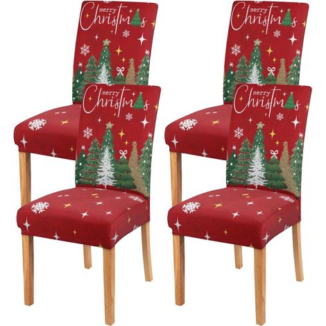 Ensemble de 4 Housses de Chaise de Noël en Sapin, Extensibles, Amovibles et Lavables, Protecteurs pour Chaises Parsons de Salle à Manger, Décoration de Noël Rouge (1/4)