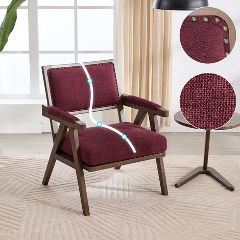 poltrona relax 66.5 x 66 x 88 cm - design Mid-Century con braccioli et finitura con borchie - struttura in legno massello - Tissu lino - rosa