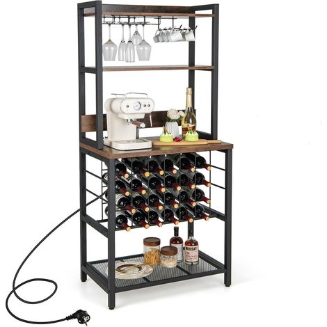 COSTWAY Mobile Bar Vino, Portabottiglie Industriale con 4 Ripiani, Porta Calici, Porte USB e Prese, con Struttura in Metallo Robusto, 75,5 x 48 x 163 cm