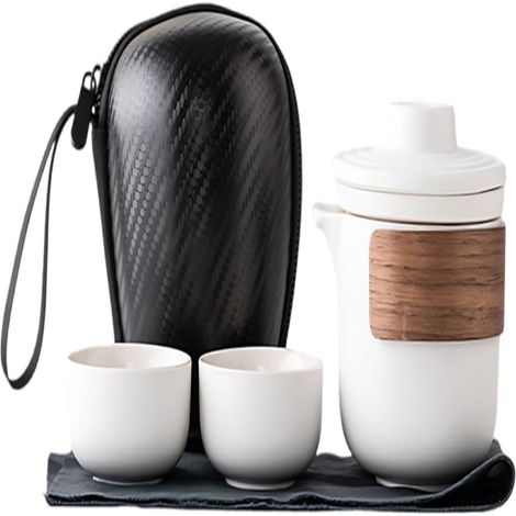 Portable Travel Tea Set 1 Piece - Yanhe Kuaike 1 Teapot 2 Cups - Elegant White [Black Pouch]