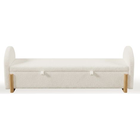 Banco baúl acolchado blanco de bouclé, 166 cm, tapa de cierre suave y patas de madera (1/5)