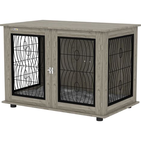 Indoor Dog Crate Furniture End Table  Soft Washable Cushion, Lockable Front Door, for Extra Large Dogs - Grey (1/5)