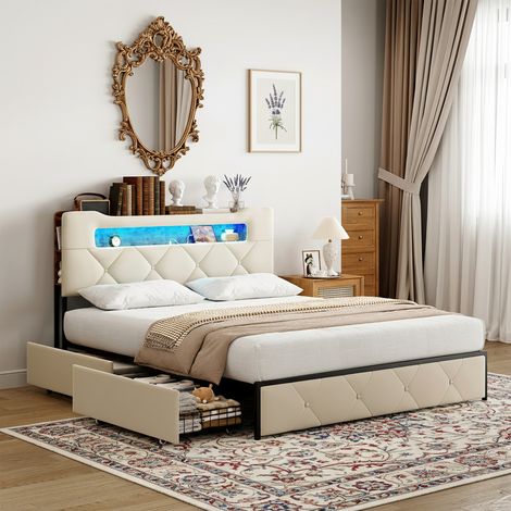 Lit adulte 160x200 cm, 4 tiroirs métalliques, sommier lattes, 3 prises charge, étagères de rangement imitation bois, tête de lit capitonnée - Beige (1/5)