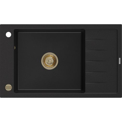 Mexen Elias lavello in granito 1-vasca con gocciolatoio 795 x 480 mm, nero, sifone dorato - 6511791005-77-G (1/5)