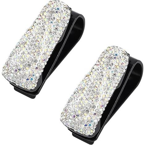 Porte-lunettes de voiture, lot de 2, avec clip de suspension et pince à lunettes ornée de strass et de cristaux pailletés (blanc). (1/5)