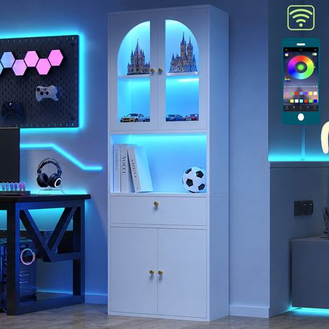 Glasvitrine Weiß mit RGB-LED App-Steuerung 70x35x180cm MDF Figurenschrank Bücherschrank (1/5)