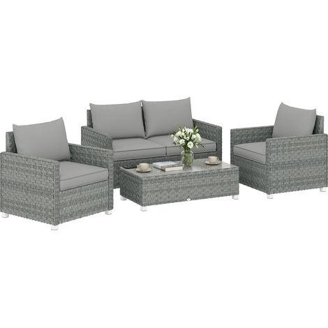 Outsunny 4 Seater Rattan Garden Furniture Set with Cushions, Grey