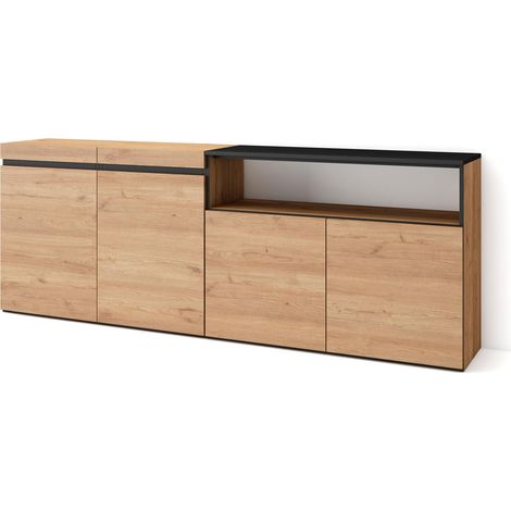 Skraut Home – Buffet moderne chêne et noir 200x35x75cm – 4 portes – Meuble de rangement pour salon et cuisine – Commode avec étagère intérieure (1/5)