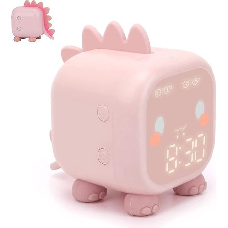 Kinderwecker, niedlicher digitaler Dinosaurier-Wecker, Einschlafhilfe für Kinder, Nachtlicht und USB-Wecker (rosa)