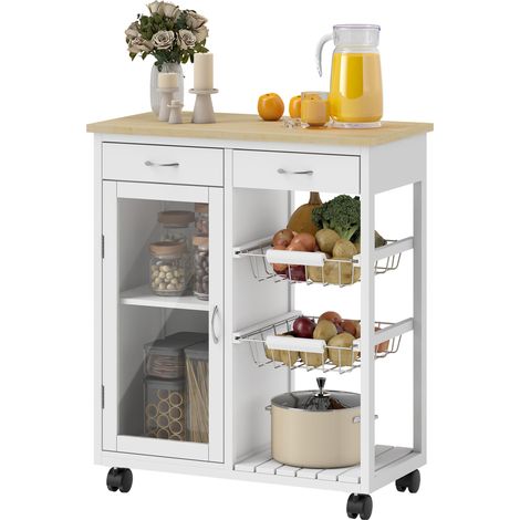 HOMCOM Carrello Cucina con Cassetti, Cestini in Acciaio e Armadietto Bianco (1/5)