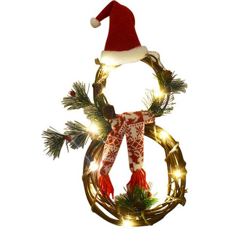 1 Couronne de Noël, guirlande LED, rotin naturel, bonhomme de neige, décoration porte jardin (1/5)