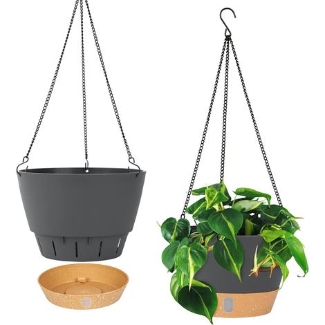 2 Pack(Black) Hanging Planters, 10 Inch Diameter Indoor Outdoor Hanging Flower Pot with Drainage Hole and 3 Hooks for Garden Home (1/5)