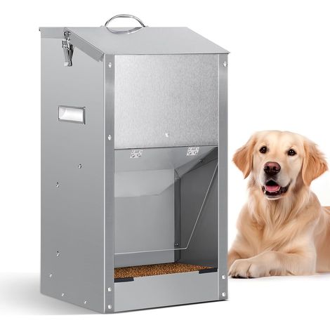 Distributeur de croquettes automatique pour chien en acier inoxydable, capacité 25 lbs, installation murale ou au sol pour intérieur et extérieur (1/5)