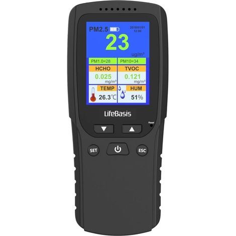 Moniteur de Qualité de l'air 8 en 1 PM2.5 / PM1.0 / PM10 / HCHO/TVOC/AQI/TEMP/HUM Détecteur Air Quality Monitor Portable pour Chambres, Bureaux et Autres Lieux (1/4)