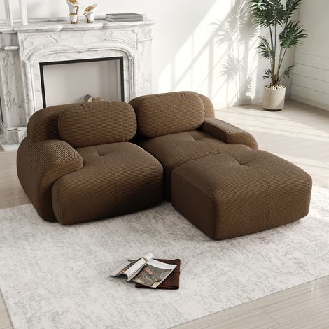 Canapé d'angle 2 places modulaire en Velours côtelé avec 2 oreillers,32D Élastique,Ergonomique,Base Anti-Dérapant,208x178x70cm,Marron