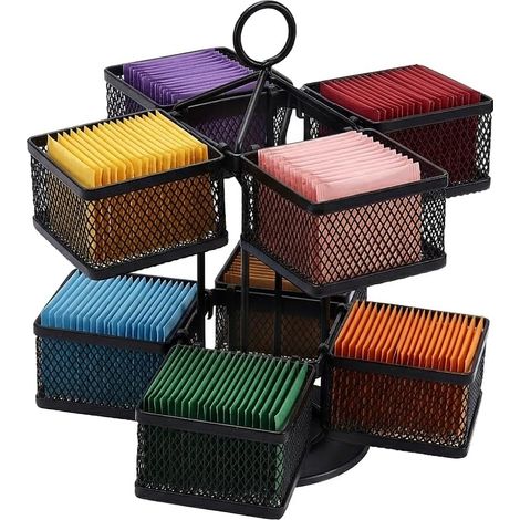Organisateur À Sachets De Thé 2 Niveaux Noir Carrousel Tournant Support 8 Compartiments Lazy Susan Rangement Conteneur 96 Sachets De Thé pour Comptoir De Cuisine Armoire 22x20x24cm (1/5)