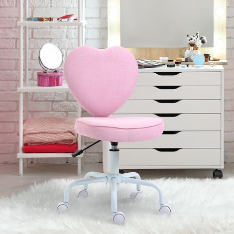 Silla de escritorio con forma de corazón, silla de oficina con 5 ruedas giratorias y altura ajustable, tapizada en tela, 42x50x79-89cm, rosa.