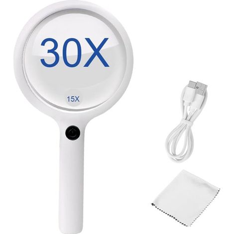 Lupa con luz - Lupa de lectura con iluminación - Lectura de letra pequeña - Doble cristal con aumento de 30x - Diámetro de la lente: 110 mm (1/5)