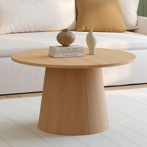 ANGELE Mesa de centro redonda de 70 cm con pata central de madera efecto haya