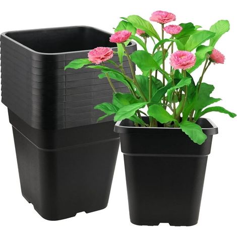Set de 12 pots carrés 25 cm pour plantes, contenance 11 litres, godets de culture en plastique noir avec trous de drainage, idéal pour rempotage, semis et jardinage intérieur/extérieur. (1/4)