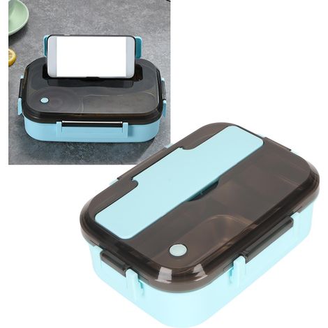 Lunchbox aus Edelstahl für Schüler und Büroangestellte, Bento-Box für die Cafeteria, isoliert, unterteilt, tragbares Tablett, kinderfreundliches blaues Design, drei Essensfächer (1/5)
