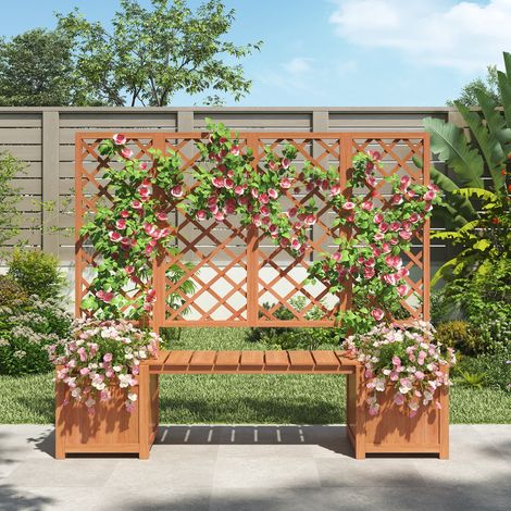 Arche de Jardin avec Banc et 2 Grandes Jardinières - 169x42x145 cm - Treillis pour Plantes Grimpantes - Jardinet en Bois de Sapin Massif - Marron