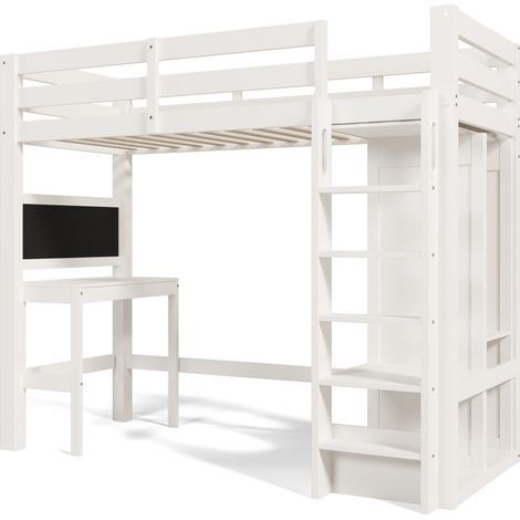 Cama alta infantil 90 x 200 cm con escritorio, armario abierto y estantes, blanca, HOMVRA (1/5)