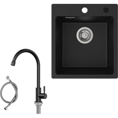 Lavabo sobre encimera de 40×45 cm Fregadero de granito negro antracita con grifo de cocina de agua fría Grifo de cocina de alta presión negro Altura 273 mm (1/4)
