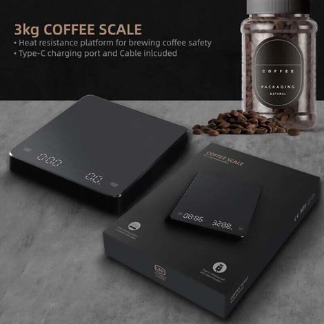 CK2150 Electronic Coffee Scale with LED Display, Timing Function (Built-in Lithium Battery), High Temperature Resistance, Maximum Weight 3000g, Black MUMU (1/4)