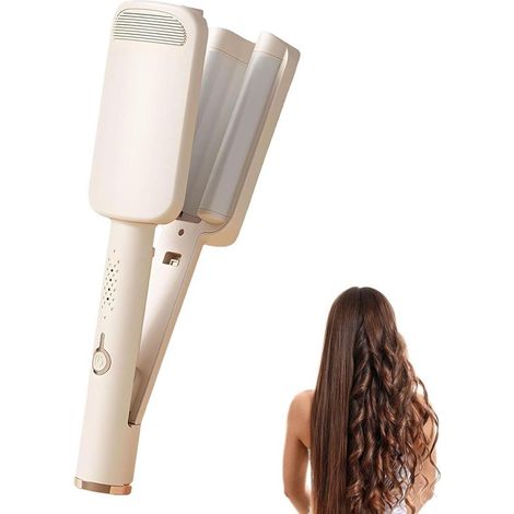 Fer à boucler 3 barils – 32 mm – 4 températures réglables (160°C à 220°C) – Anti-brûlure – Onde beach wave sans frisottis – Blanc laiteux (1/5)