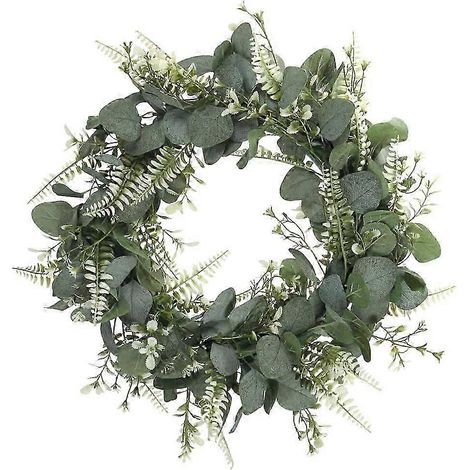 Couronne d'eucalyptus de 42 cm pour porte d'entrée, couronne de feuilles vertes, couronne printanière, guirlande de verdure artificielle d'extérieur à suspendre pour mariage, maison, fête, table (1/5)