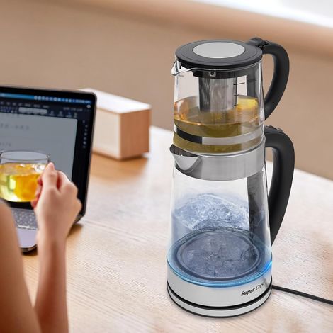 Elektrischer Wasserkocher aus Glas, 2,5 l, mit Teekanne, Schutz gegen Trockenbrand, für Zubereitung von Kaffee, Milchpulver, weißem Tee, Grüntee