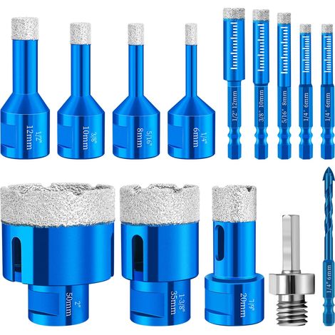 Foret diamant pour carrelage 6 mm, 8 pièces M14 6/8/10/12/20/35/50 mm + 6 forets diamantés M6 à tige hexagonale 6/6/8/10/12 mm + 1 adaptateur M8, foret diamant pour carrelage en granit, verre (1/5)