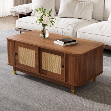 Tavolino da caffè fisso rettangolare in legno 100 x 50 x 42 cm con ante scorrevoli in rattan, angoli arrotondati e contenitore, mobile da soggiorno - Colore noce
