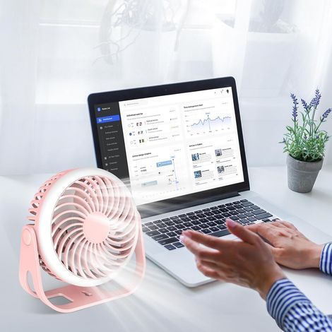 Mini ventilatore USB portatile e silenzioso (rosa) con rotazione a 360°, gancio e batteria da 1800 mAh, ideale per ufficio, camera da letto, tenda e altro ancora. (1/5)