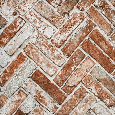Herringbone Brick Effect Wallpaper Red Orange Grey Textured 10m Roll (1/4)