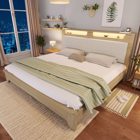 Lit double 160x200 cm bois chêne clair avec tête de lit rangement, led et dossier cord beige (1/5)