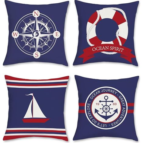 Lot de 4 housses de coussin nautiques, motifs ancre, boussole et voilier, bleu et rouge, 45x45 cm, pour canapé, lits, chaises, voiture, salon.