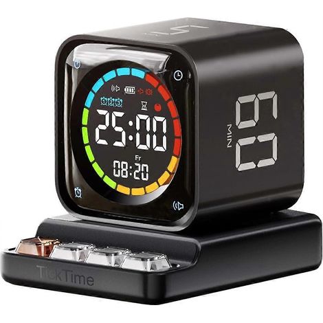 Minuteur TK3 Cube, minuteur de bureau avec préréglages 5/10/30/60 min, compte à rebours personnalisé, chronomètre, horloge, 3 alarmes, pour la gestion des tâches (noir) (1/5)