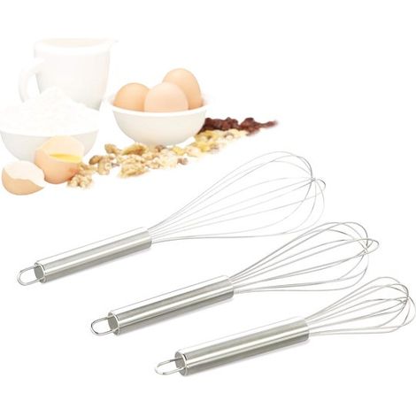 Set di 3 fruste in acciaio inox, fruste a mano, utili in cucina, 20 cm, 25 cm e 30 cm, frullatore a immersione per mescolare, impastare, montare e schiumare, argento. (1/5)