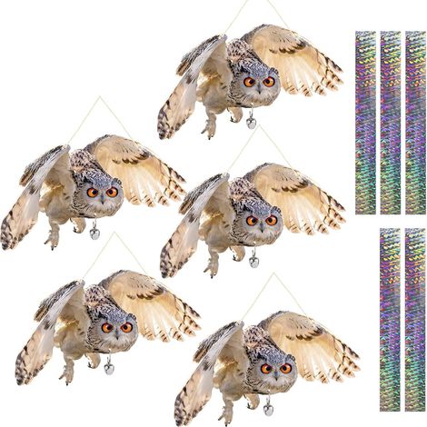 Ahuyentador de pájaros, repelente de palomas para balcón, ahuyentador de pájaros plano con forma de búho de 5 piezas con tira reflectante, repelente de pájaros para exteriores, mantiene a los pájaros (1/5)
