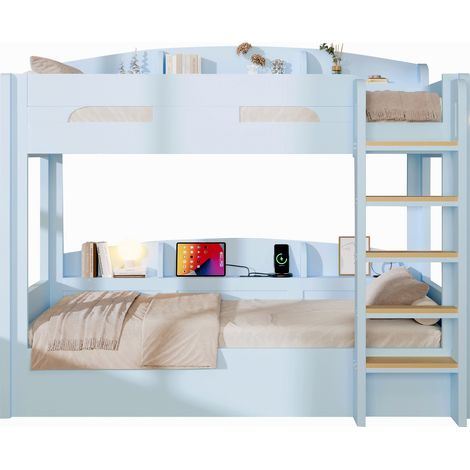 Lit superposé 90x200 avec prises USB, rangements latéraux haut et bas, bois clair et MDF bleu, gain de place pour chambre enfant ou ado  CHICFURN (1/5)