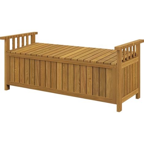 Zweisitzige Gartenbank aus Holz mit 151 l Stauraum, Armlehnen, 128,5 x 56 x 53,5 cm, braun