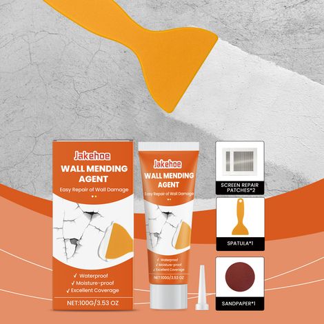Kit de réparation murale pour reboucher et lisser les trous, la peinture écaillée, les fissures et autres dommages. Contient un kit de réparation de 100 g, un grattoir, deux rustines pour moustiquaire (1/5)