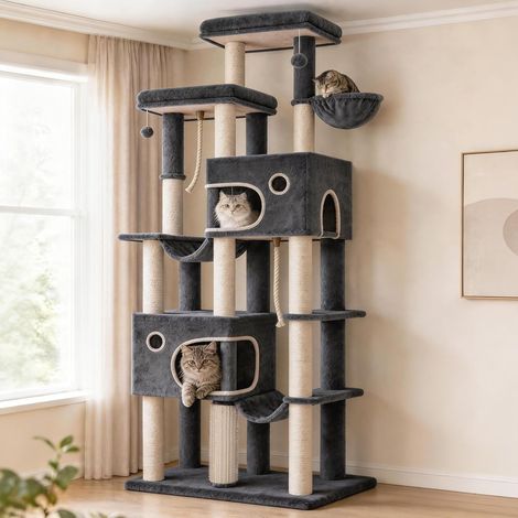 Arbre à Chat, XXL Grand Tour à Chat de 213 cm de Haut, avec 10 Griffoirs, 2 Grand Plateformes Grottes, 2 Hamacs, Panier a Chat, Pompons, Convient aux Chats Maine Coon, Gris foncé