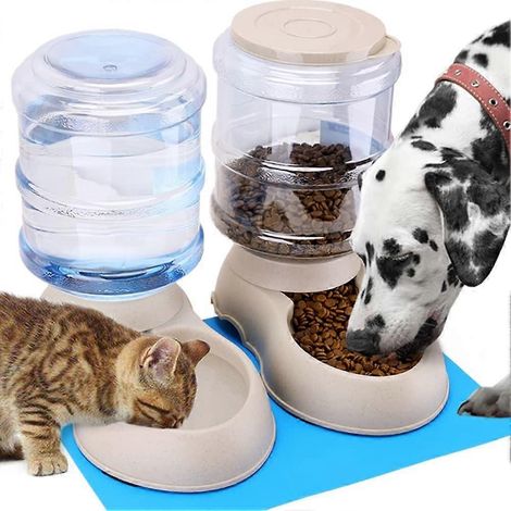 Distributeur automatique de nourriture et d'eau, mangeoire/abreuvoir pour chats/chiens/animaux de compagnie, 3,8 L x 2 unités, avec tapis d'alimentation.-AquaForge (1/5)